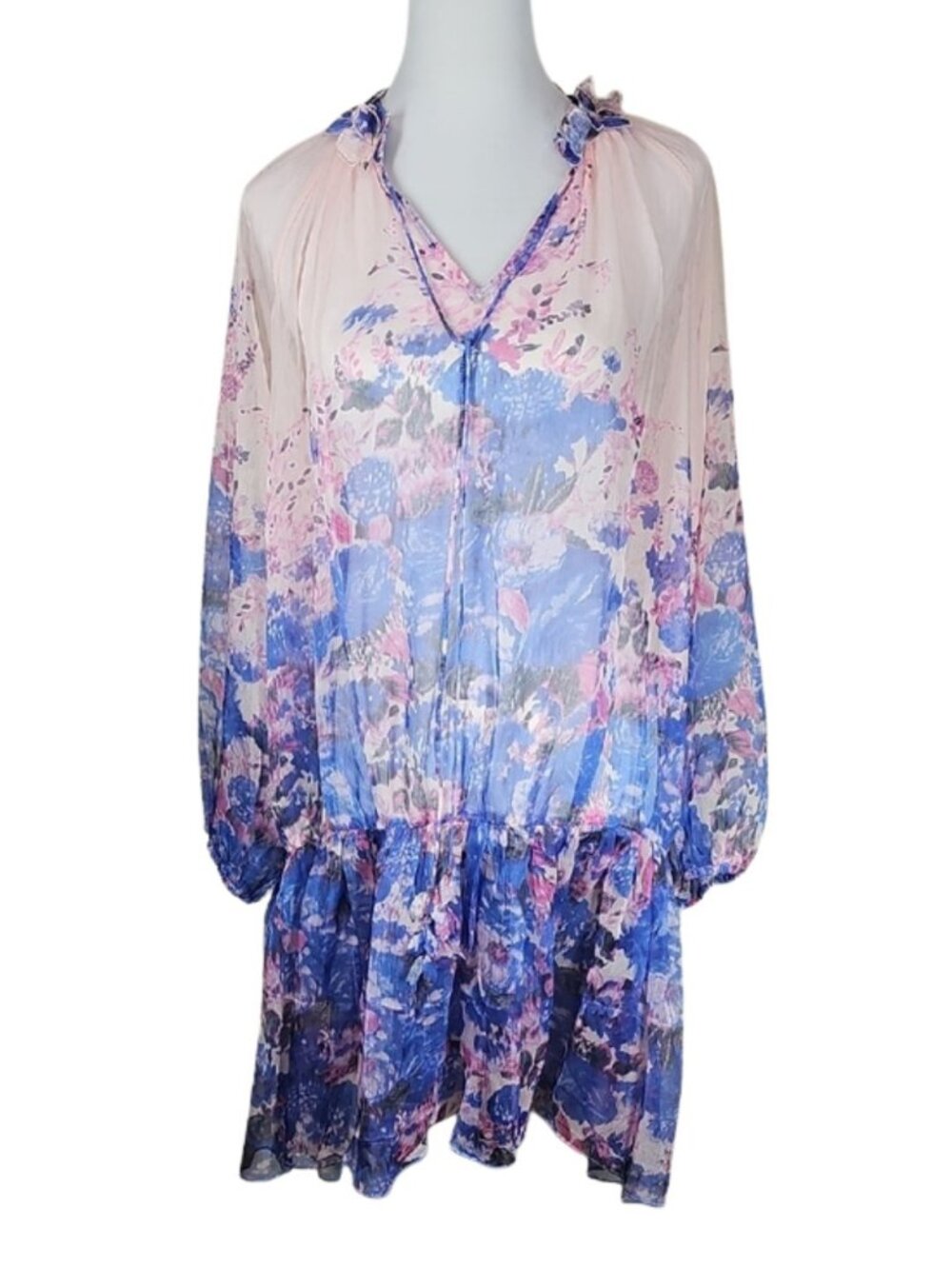 NWT Beulah Style Tuckernuck Floral Dress L Watercolor Ruffle V-Neck Cottagecore